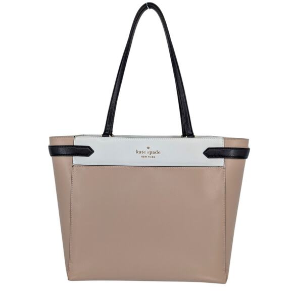 kate spade Handbags - Kate Spade Staci Saffiano Leather Tote Beige Black Work Bag Large